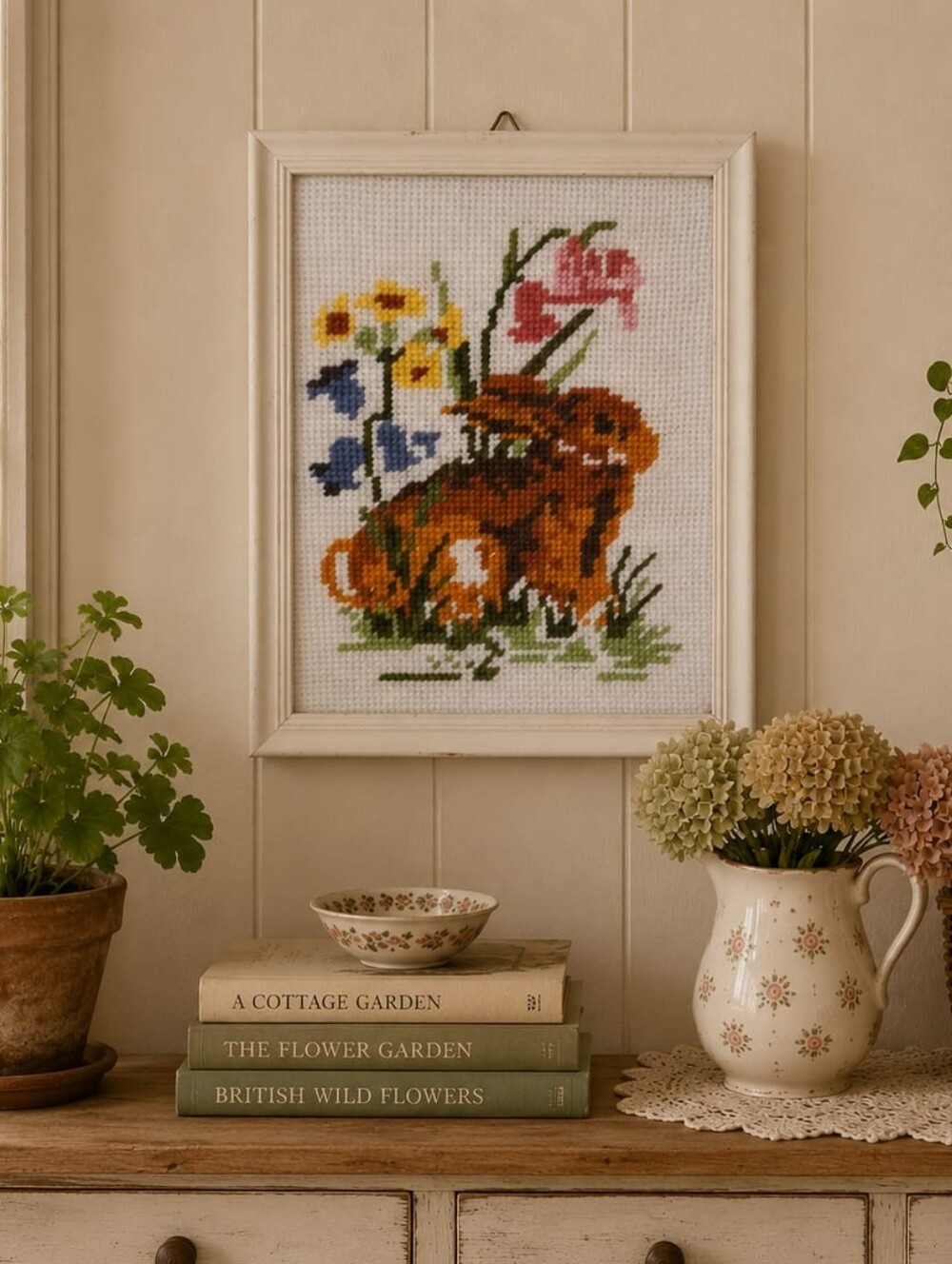 Vintage Framed Cross Stitch Wall Art - Floral & Bunny Design, White Frame